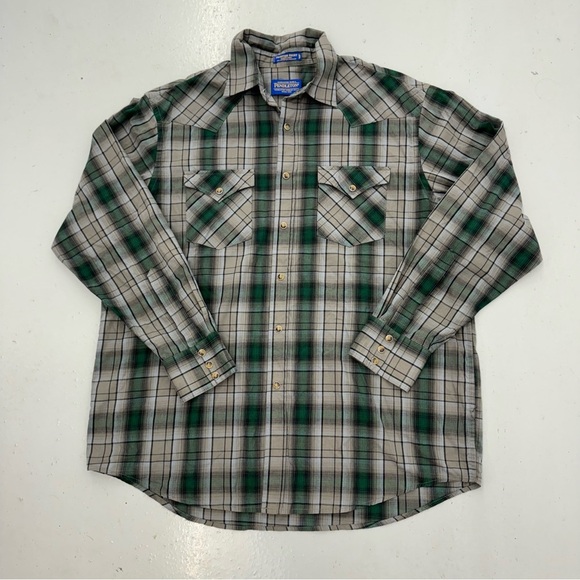 Pendleton Frontier Pearl Snap Shirt Plaid Western Green Grey - Picture 1 of 5